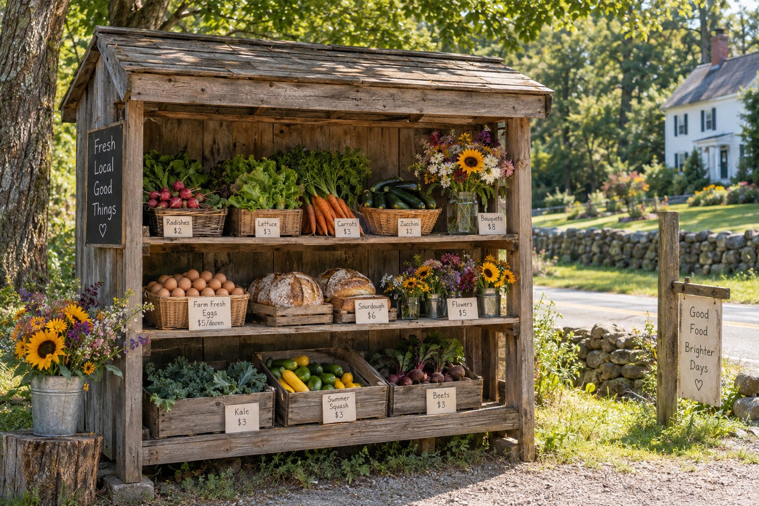 A small wooden roadside stand with fresh garden produce and flowers in New Hampshire